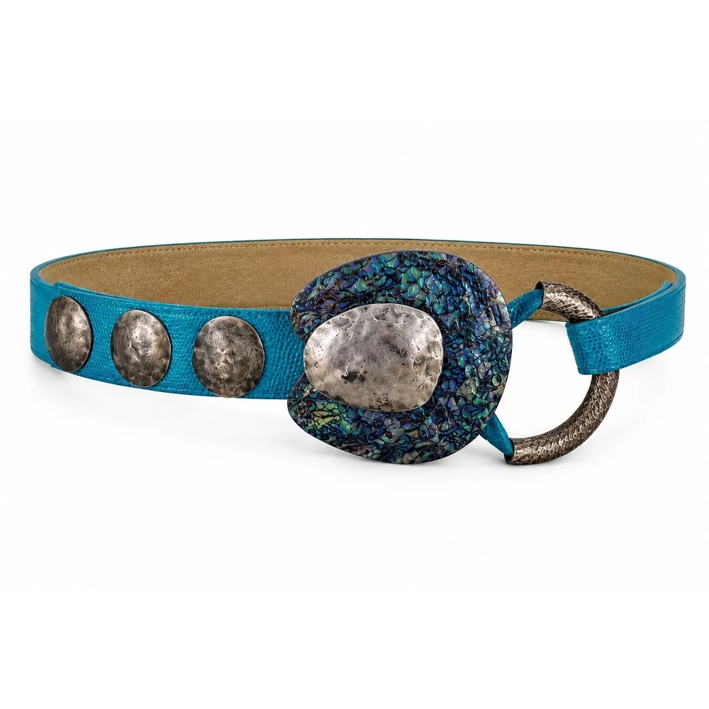 Vintage Abalone Shell Belt Womens Large Turquoise Blue Lizard Embossed Artisan